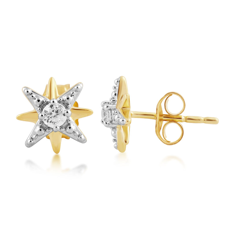 Jewelili Stud Earrings with Natural White Round Diamonds in 10K Yellow Gold 1/10 CTTW