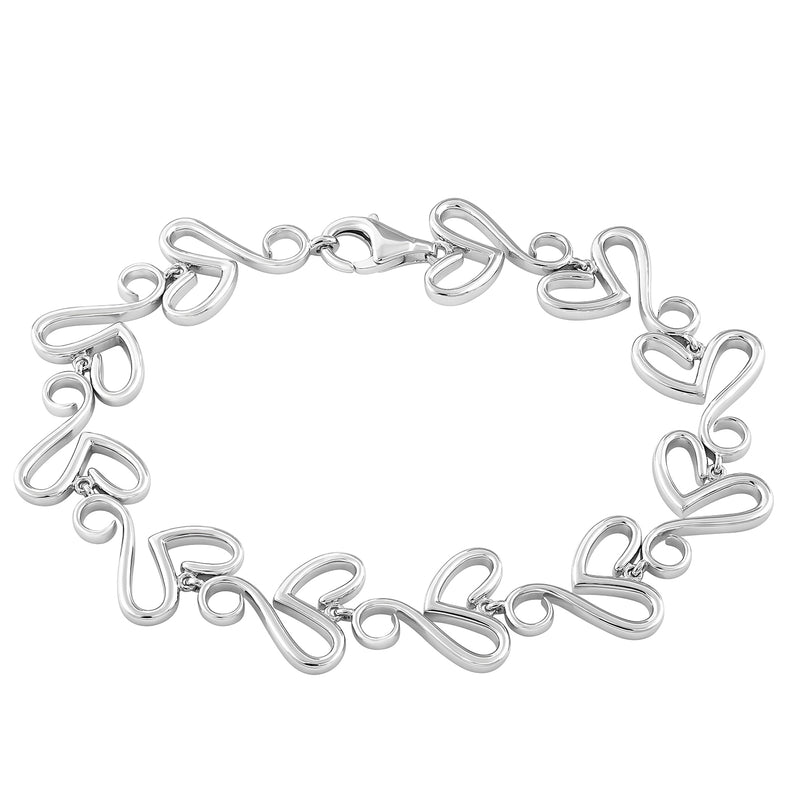 Jewelili Fancy Love Heart Link Bracelet in Sterling Silver