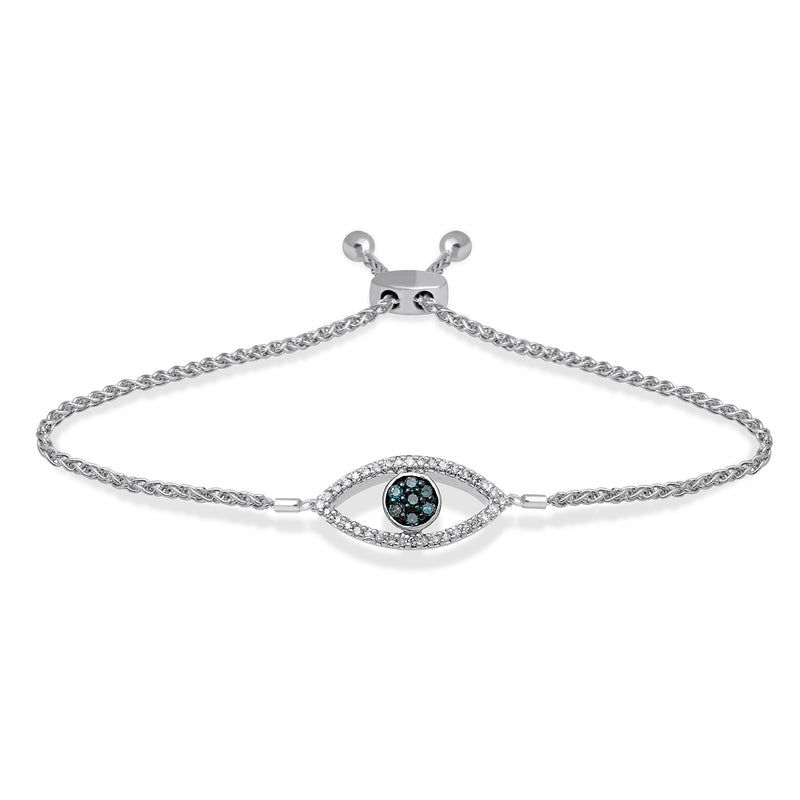 Jewelili Evil Eye Bolo Bracelet with Blue and White Diamonds in Sterling Silver 1/10 CTTW