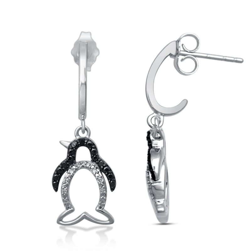 Jewelili Penguin Dangle Earrings with Treated Black and White Natural Diamond in Sterling Silver 1/10 CTTW View 1