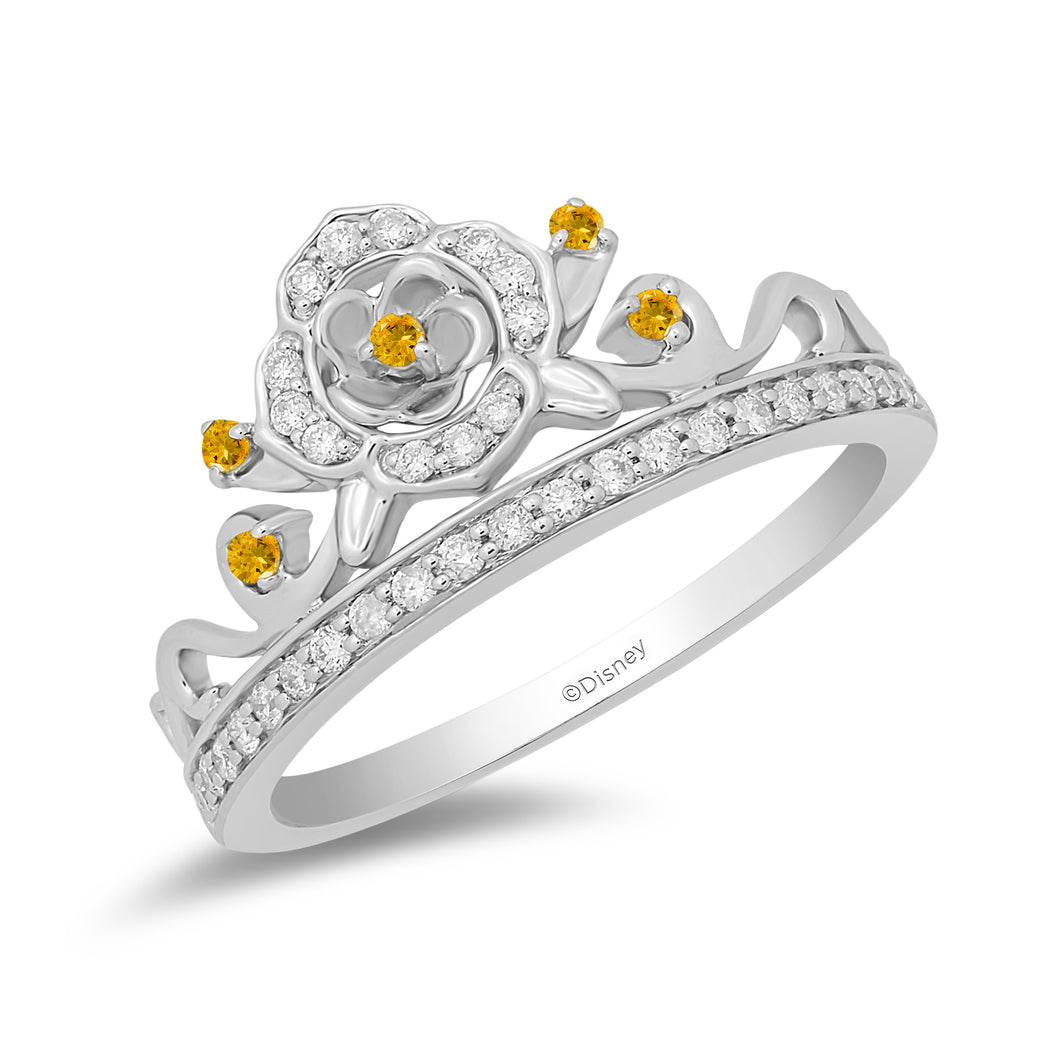 Enchanted Disney Fine Jewelry Sterling Silver 1/5CTTW Diamond and Citrine Belle Bridal Ring
