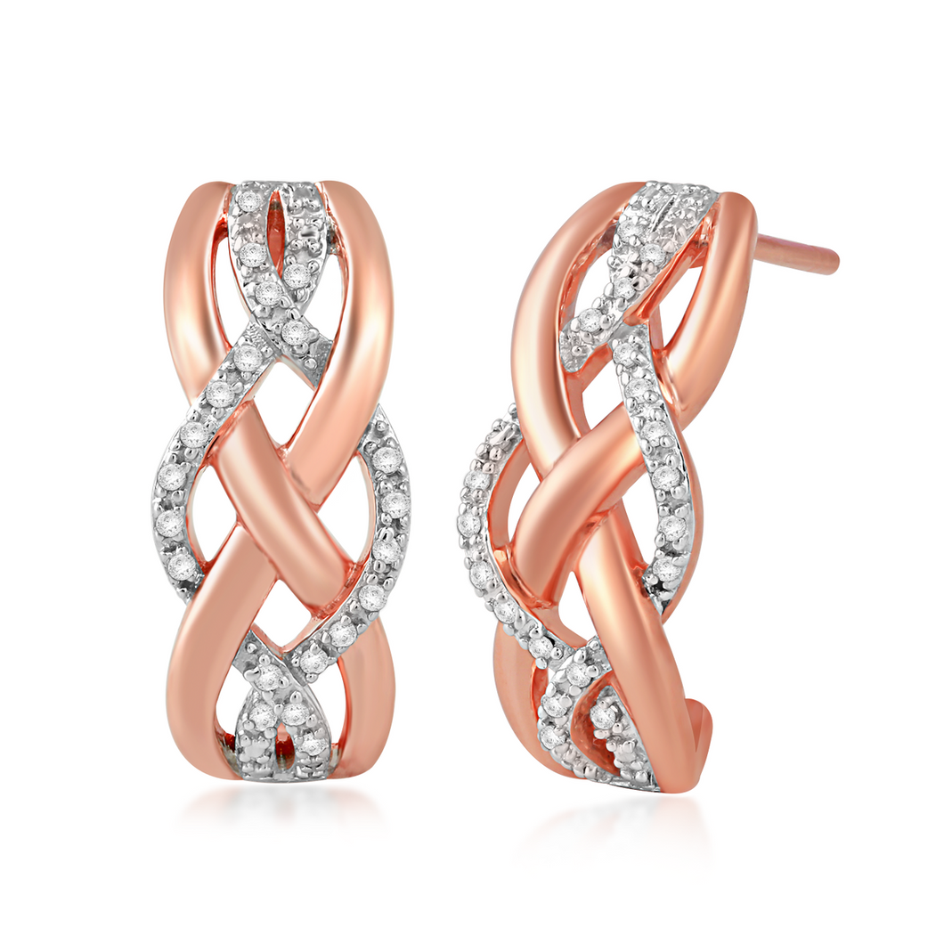 Jewelili Rose Gold Over Sterling Silver With 1/10 CTTW Natural White Diamond Crossover Hoop Earrings