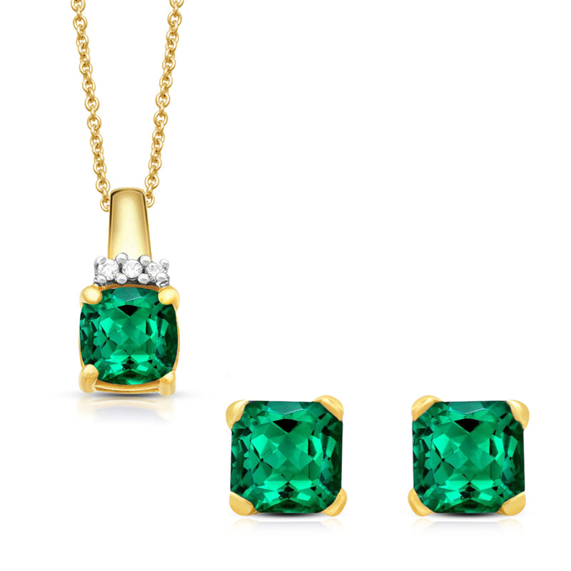 Jewelili Sterling Silver with Cushion Created Emerald and White Cubic Zirconia Solitaire Pendant and Earrings Box Set
