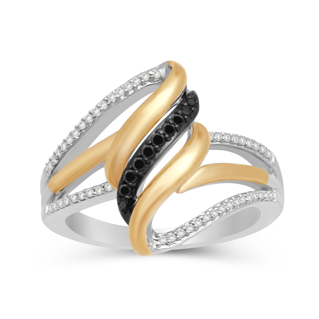 Jewelili Sterling Silver and 10K Yellow Gold With 1/5 CTTW Treated Black and White Diamonds Ring