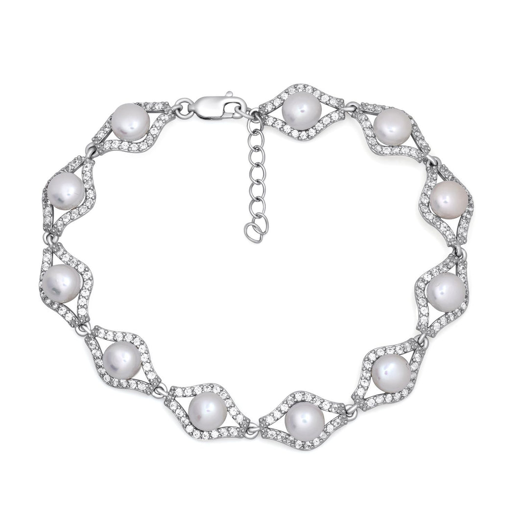 Jewelili Sterling Silver with Black Pearl and Created Round White Sapphire Bracelet