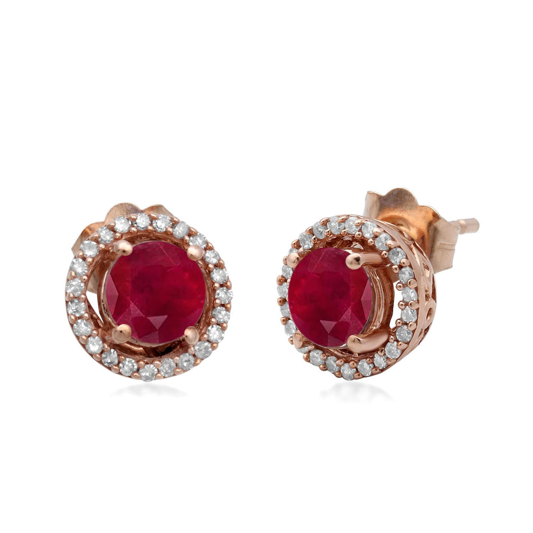 Jewelili 10K Rose Gold with Round Shape Natural Ruby and 1/6 CTTW Natural White Round Diamonds Stud Earrings