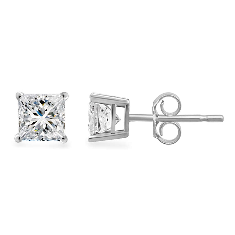 Jewelili 14K White Gold with 3/8 CTTW Princess Cut Diamonds Stud Earrings