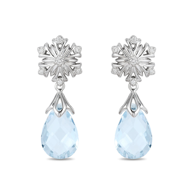 Enchanted Disney Fine Jewelry 14K White Gold With 1/10 CTTW Diamond and Aquamarine Elsa Snow Flake Earrings