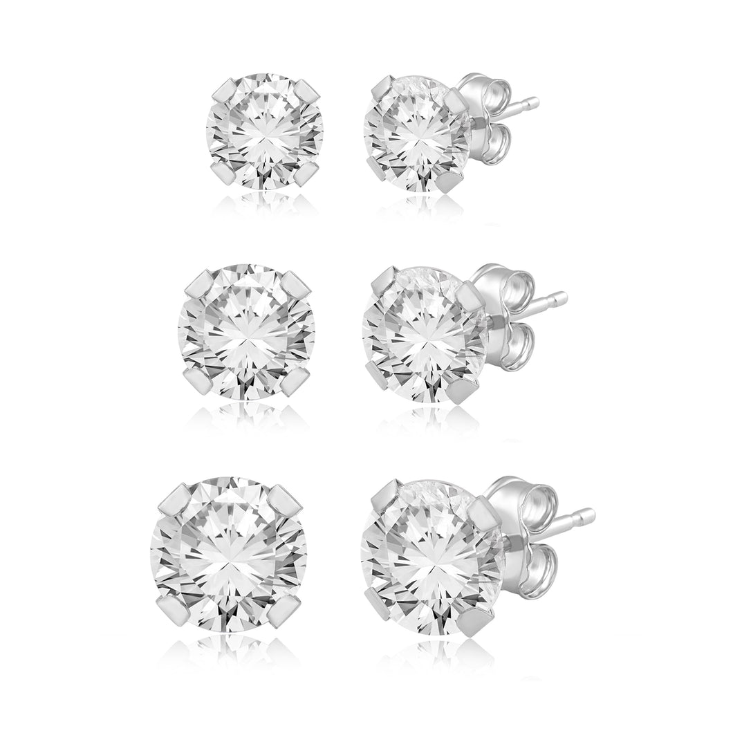 Jewelili 10K White Gold with Round Cut Cubic Zirconia Stud Earrings Set