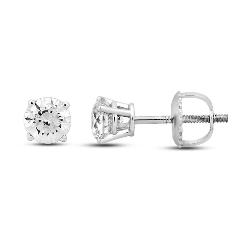 Jewelili Stud Earrings with Round Diamonds Solitaire in 14K White Gold 3/4 CTTW View 3