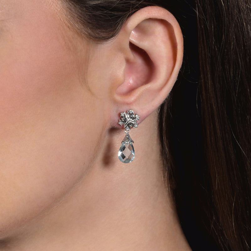 Enchanted Disney Fine Jewelry 14K White Gold With 1/10 CTTW Diamond and Aquamarine Elsa Snow Flake Earrings