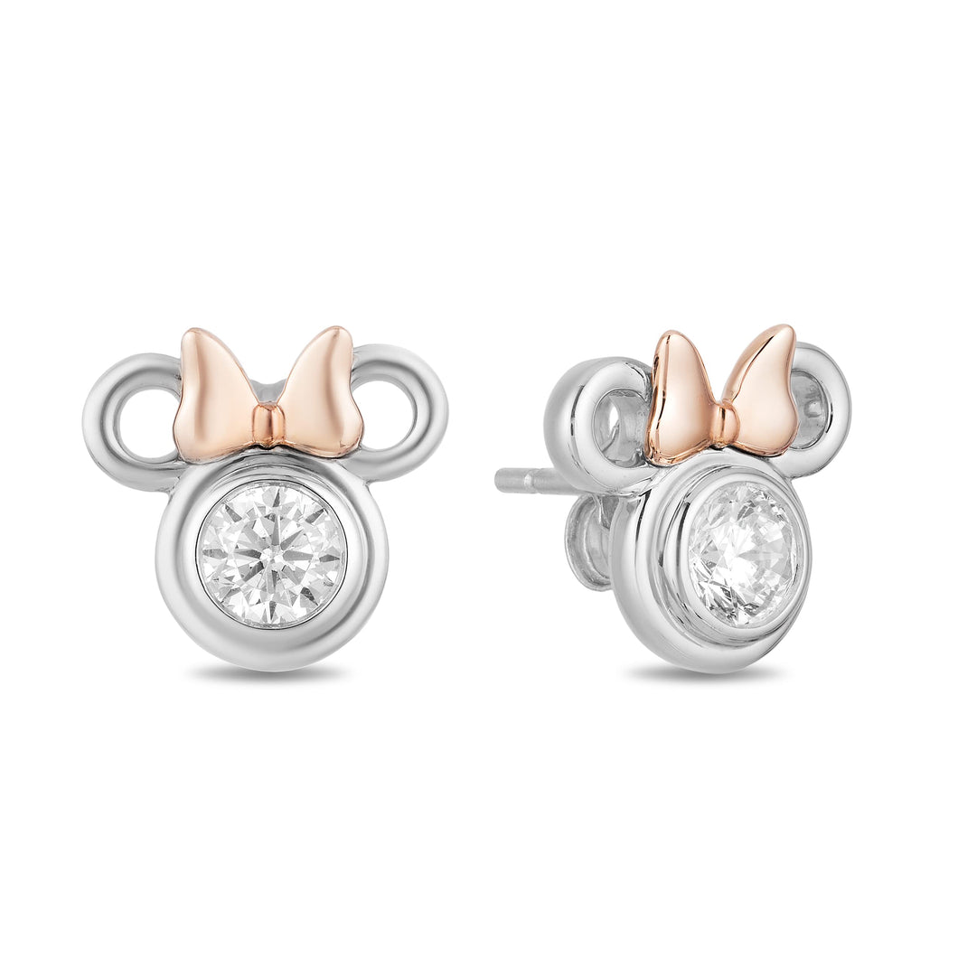 Jewelili Disney Mickey & Friends Sterling Silver and 10K Rose Gold With 1/2 CTTW Diamonds Minnie Earrings