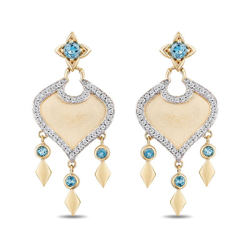 Enchanted Disney Fine Jewelry 10K Yellow Gold 1/5 Cttw Diamond and Swiss Blue Topaz Jasmine Earrings