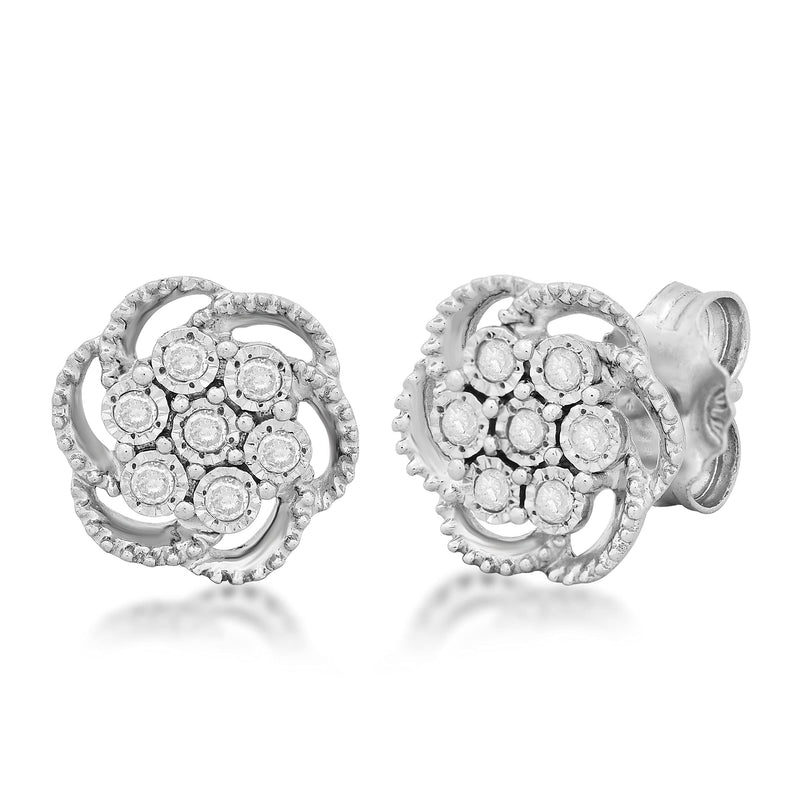 Jewelili Flower Stud Earrings with Natural White Round Diamonds in Sterling Silver 1/10 CTTW View 1