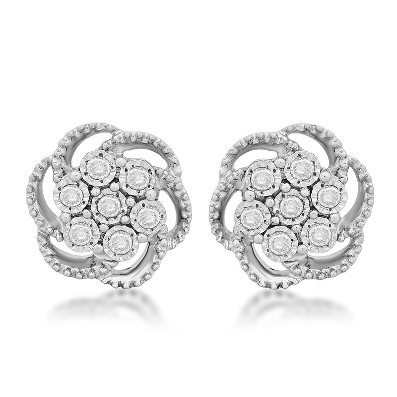 Jewelili Flower Stud Earrings with Natural White Round Diamonds in Sterling Silver 1/10 CTTW View 2