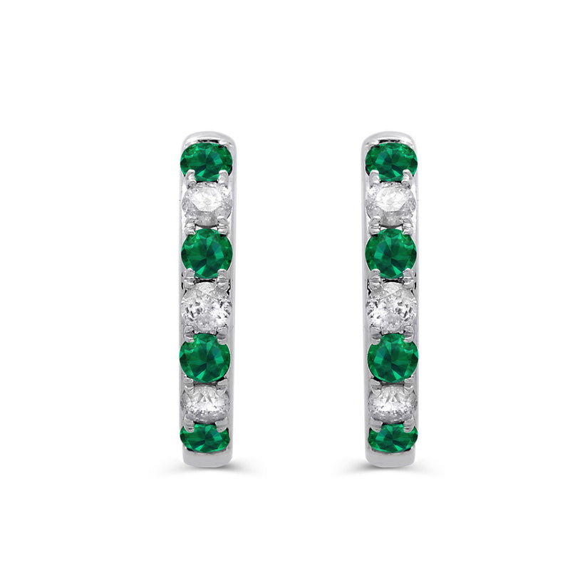 Jewelili 14K White Gold with Round Shape Emerald and 1/5 CTTW Natural White Round Shape Diamonds Hoop Earrings