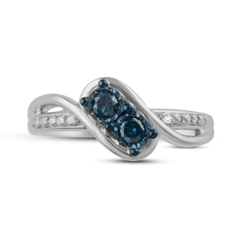 Jewelili Sterling Silver With 1/4 CTTW Treated Blue Diamonds and White Diamonds Two Stone Ring