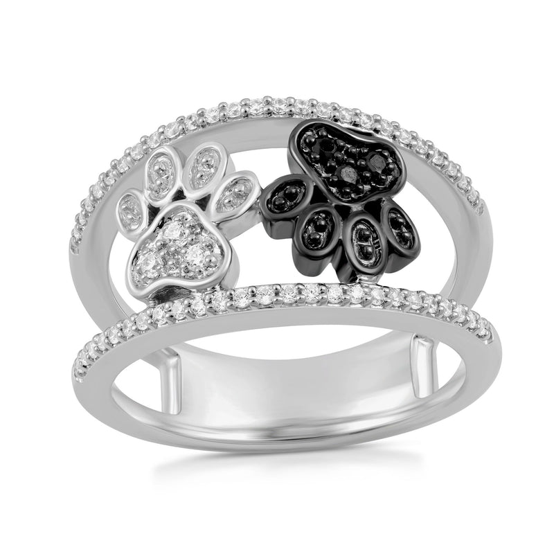 Jewelili Paw Ring with Black and White Diamonds in Sterling Silver 1/4 CTTW View 1
