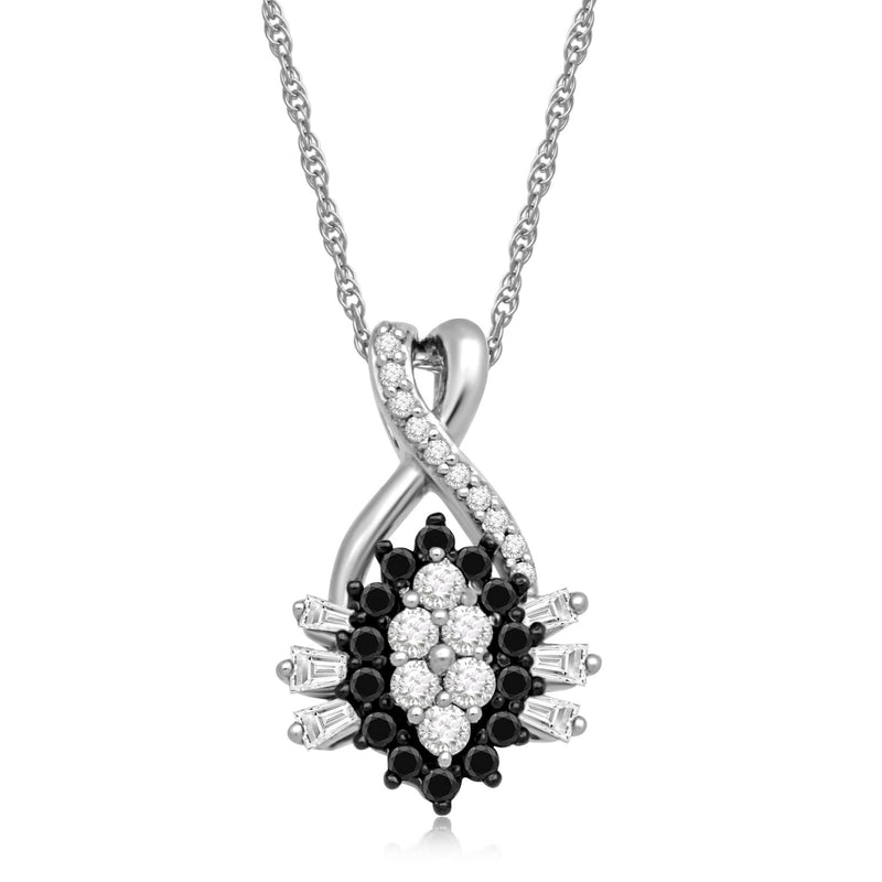 Jewelili 10K White Gold With 1/3 CTTW Treated Black and White Natural Diamond Cluster Pendant Necklace