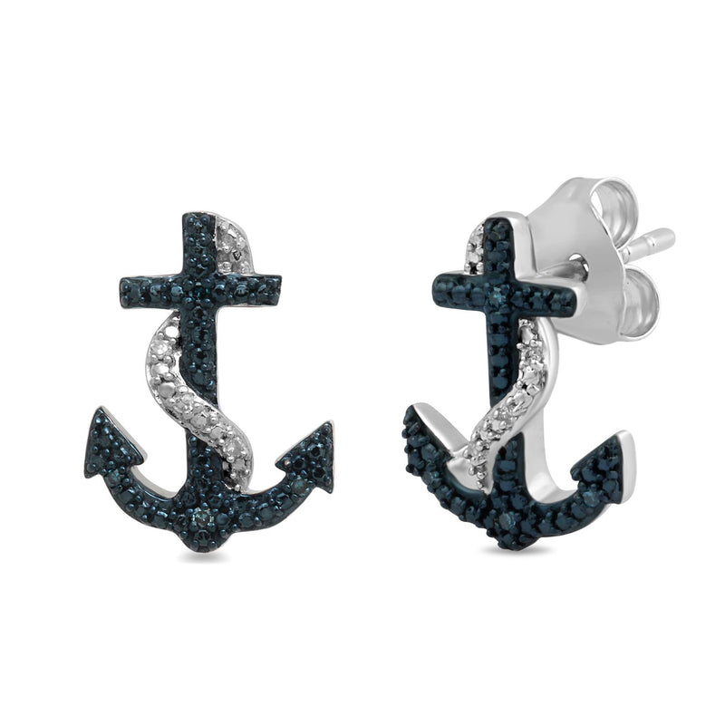 Jewelili Anchor Stud Earrings with Treated Blue and White Natural Diamonds in Sterling Silver View 1