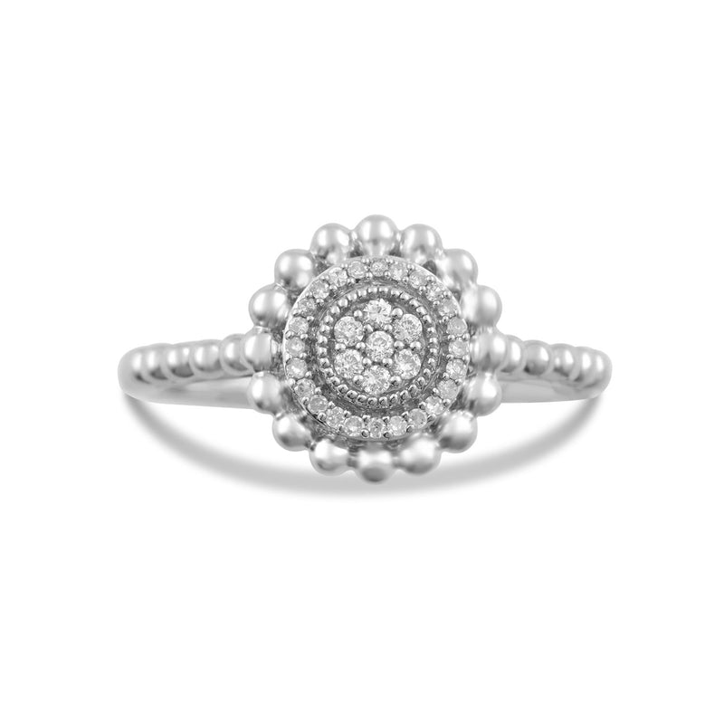 Jewelili Sterling Silver With 1/8 CTTW Natural White Round Diamonds Beaded Style Cluster Engagement Ring