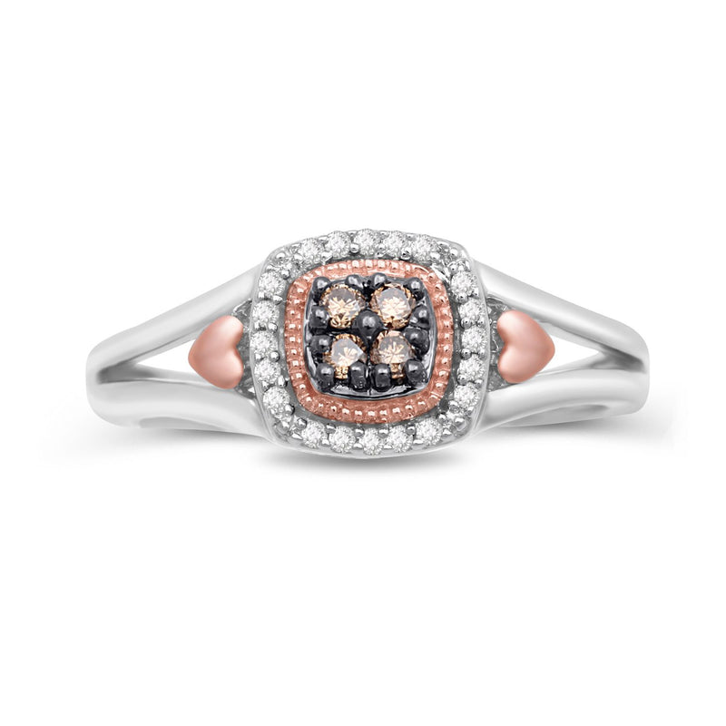 Jewelili Rose Gold Over Sterling Silver With 1/6 CTTW Champagne and Natural White Round Diamonds Engagement Ring