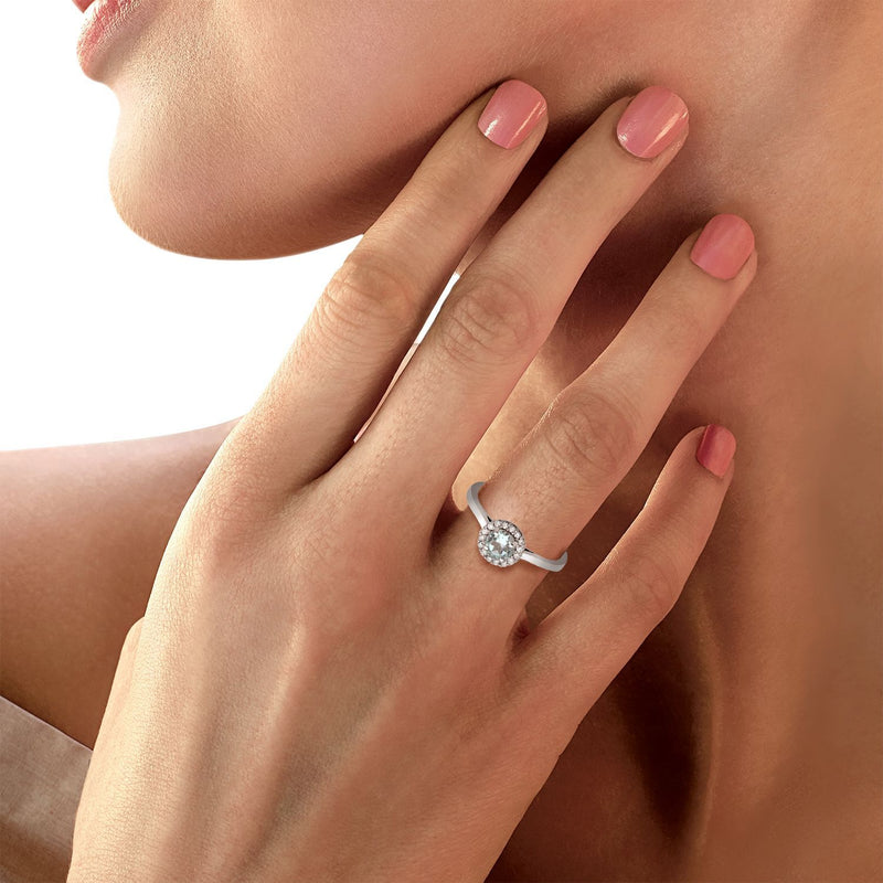 Jewelili Ring with Simulated Aquamarine and Round Cubic Zirconia in Sterling Silver View 3