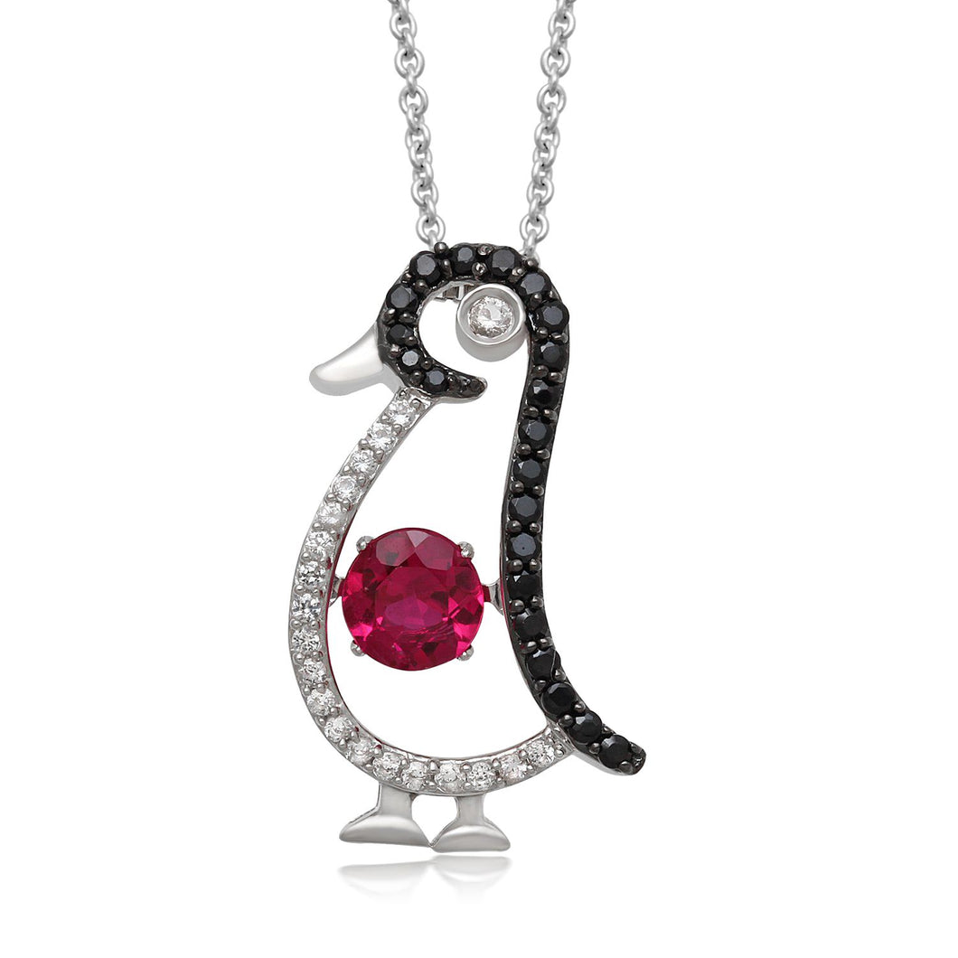 Jewelili Sterling Silver With Dancing Round Created Ruby with Black Spinel and Created White Sapphire Penguin Pendant Necklace, 18