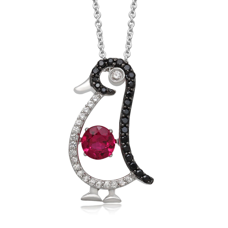 Jewelili Sterling Silver With Dancing Round Created Ruby with Black Spinel and Created White Sapphire Penguin Pendant Necklace, 18" Rolo Chain