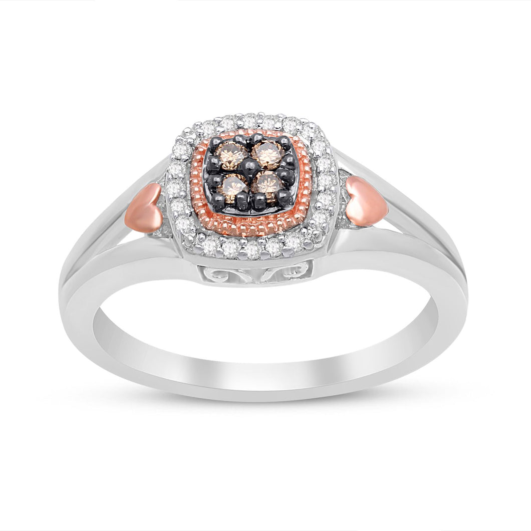 Jewelili Rose Gold Over Sterling Silver With 1/6 CTTW Champagne and Natural White Round Diamonds Engagement Ring