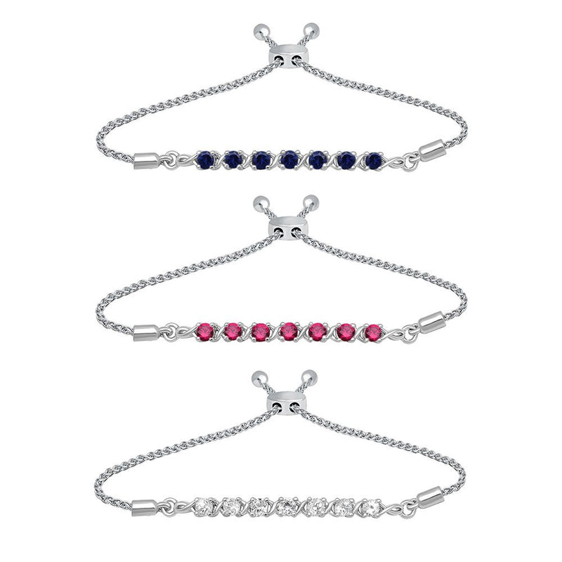 Jewelili Sterling Silver with Round Created Ruby,Created White Sapphire and Created Blue Sapphire Bolo Bracelet Set
