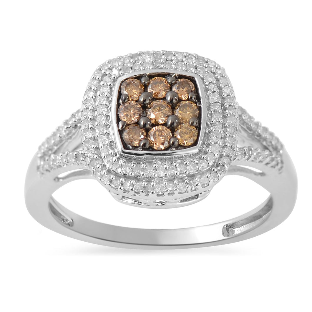 Jewelili Sterling Silver With 1/2 CTTW White Diamond and Champange Diamonds Ring