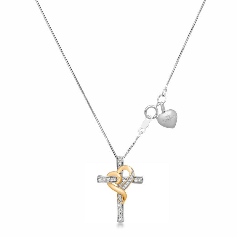 Jewelili 18K Rose Gold Over Sterling Silver With 1/4 CTTW Natural White Diamond Heart with Cross Pendant Necklace