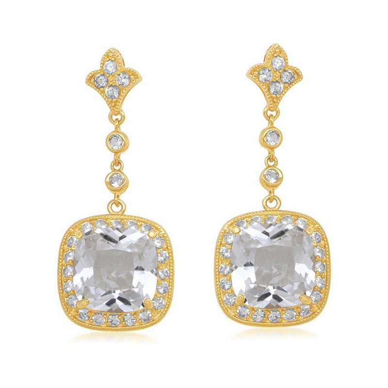 Jewelili Dangle Earrings with Created White Sapphire in 18K Yellow Gold over Sterling Silver View 2