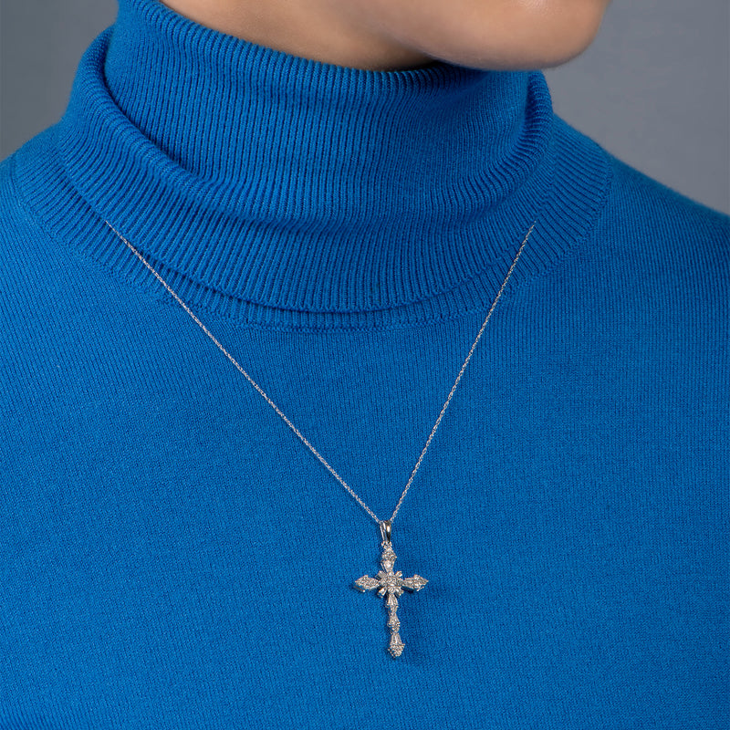 Jewelili 10K White Gold with 1/2 CTTW Natural White Round and Baguette Diamonds Cross Pendant Necklace