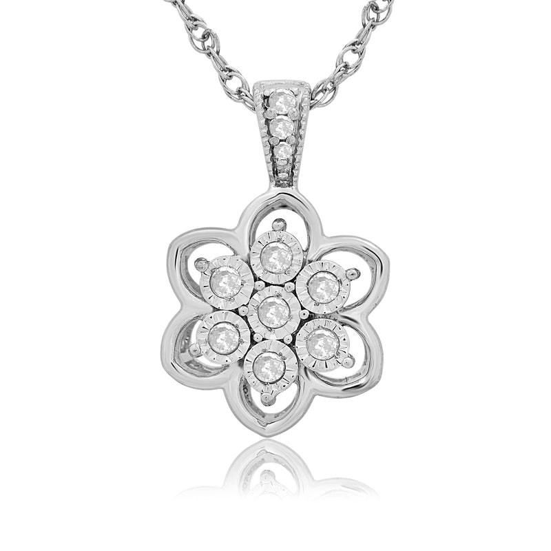 Jewelili Miracle Plate Flower Pendant Necklace with Natural White Round Diamonds in Sterling Silver 1/10 CTTW View 1