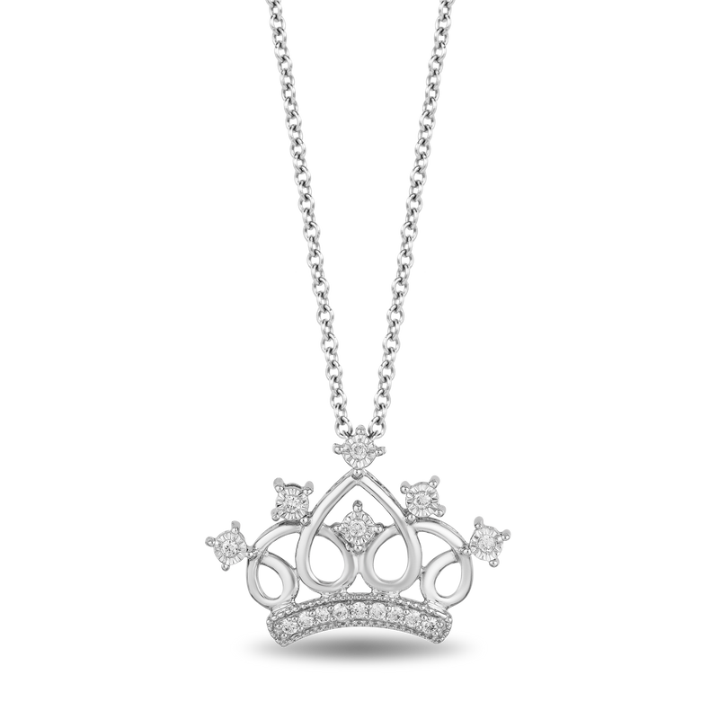 Enchanted Disney Fine Jewelry Sterling Silver 1/10 CTTW Majestic Princess Tiara Pendant Necklace