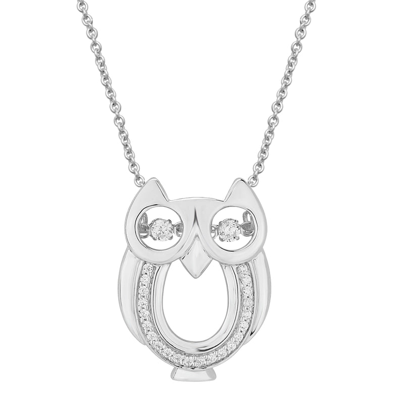Jewelili Sterling Silver with 1/8 CTTW Natural White Round Dancing Diamonds Owl Pendant Necklace