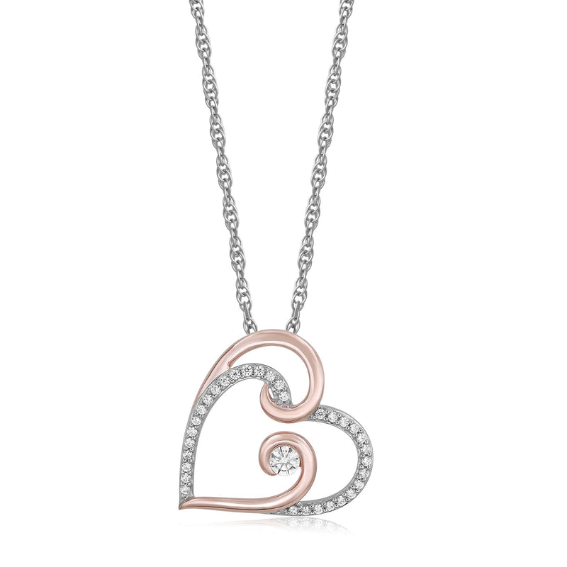 Jewelili Heart Pendant Necklace with Natural White Round Diamonds in Rose Gold over Sterling Silver 1/4 CTTW