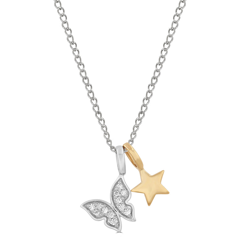 Jewelili Sterling Silver and 10K Yellow Gold With Diamonds Butterfly Star Pendant Necklace
