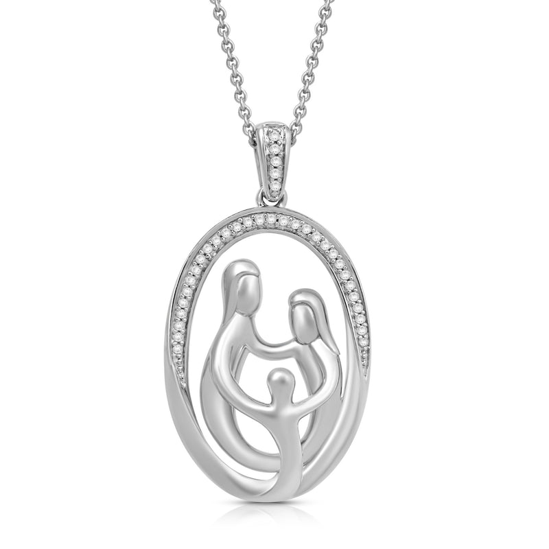 Jewelili Sterling Silver 1/10 CTTW Natural White Round Diamonds Parents with One Child Family Pendant Necklace