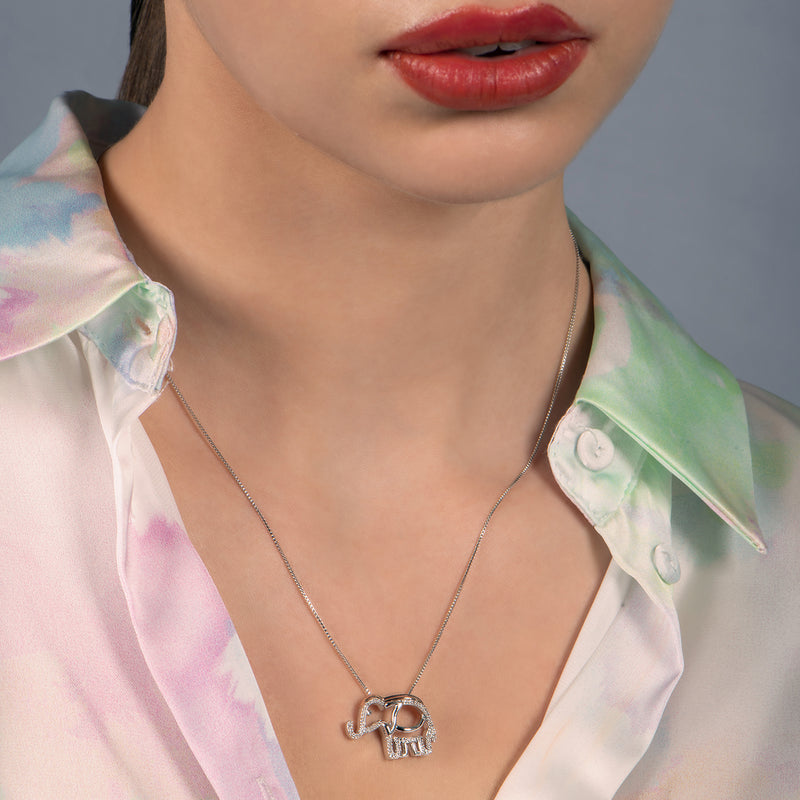 Jewelili 18K Rose Gold Over Sterling Silver With 1/10 CTTW White Natural Diamond Elephant Pendant Necklace