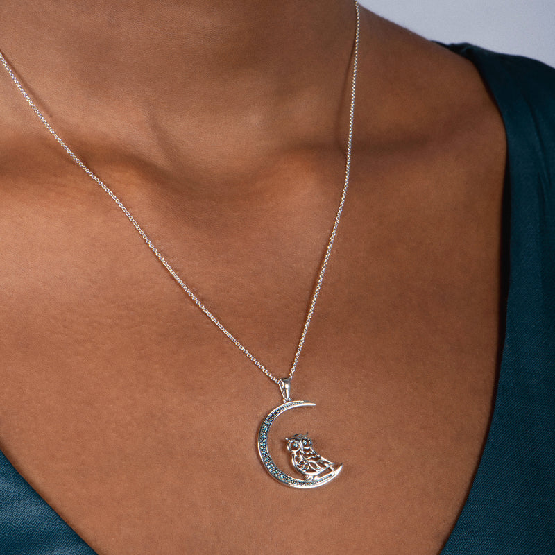 Jewelili Sterling Silver Treated Blue Diamonds Owl On Moon Pendant Necklace