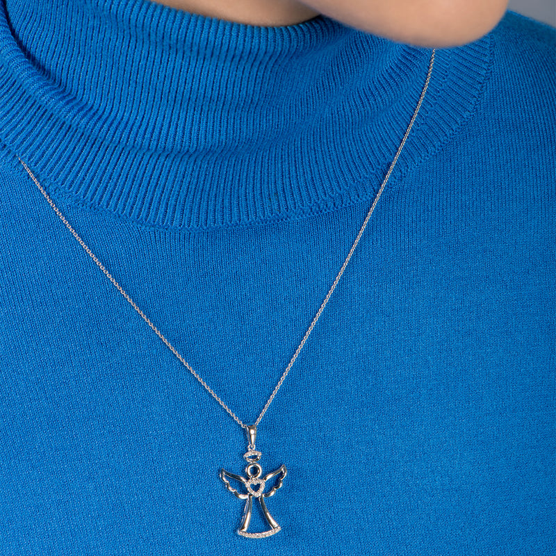Jewelili Sterling Silver 1/10 CTTW White Diamonds Angel with Heart Pendant Necklace