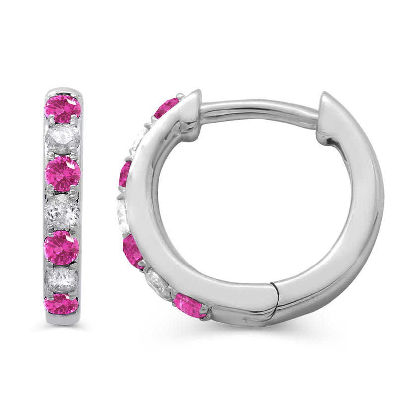 Jewelili 14K White Gold with Round Shape Pink Sapphire and 1/5 CTTW Natural White Round Shape Diamonds Hoop Earrings