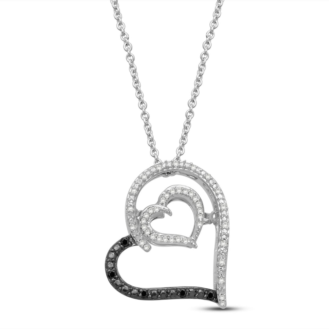 Jewelili Sterling Silver With 1/10 CTTW Treated Black and White Natural Diamond Tilted Heart Pendant Necklace