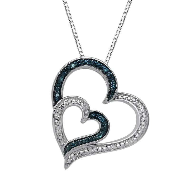 Jewelili Sterling Silver Treated Blue Diamonds and Natural White Round Diamonds Heart Shape Pendant Necklace