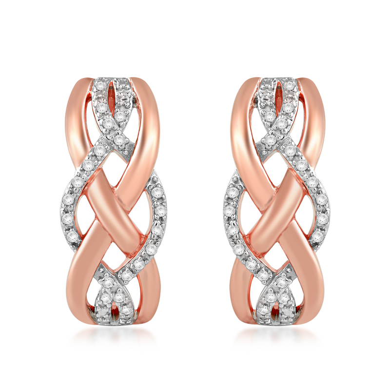 Jewelili Rose Gold Over Sterling Silver With 1/10 CTTW Natural White Diamond Crossover Hoop Earrings