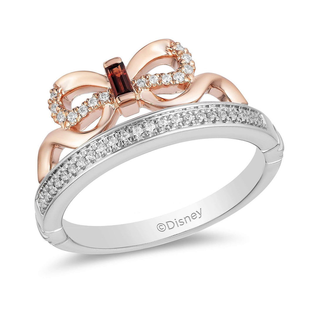 Enchanted Disney Fine Jewelry Sterling Silver and 10K Rose Gold 1/10CTTW Diamond and Garnet Snow White Bow Fashion Ring