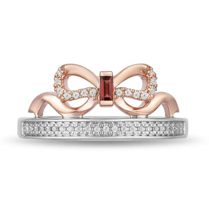 Enchanted Disney Fine Jewelry Sterling Silver and 10K Rose Gold 1/10CTTW Diamond and Garnet Snow White Bow Fashion Ring